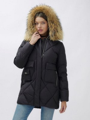 Куртка женская зимняя с мехом енот премиум класса черного цвета 3141Ch