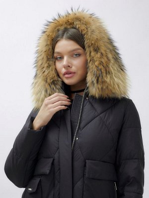 Куртка женская зимняя с мехом енот премиум класса черного цвета 3141Ch