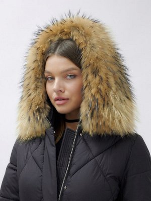 Куртка женская зимняя с мехом енот премиум класса черного цвета 3141Ch