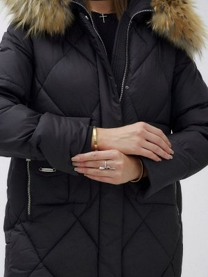 Куртка женская зимняя с мехом енот премиум класса черного цвета 3141Ch