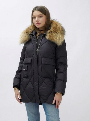 Куртка женская зимняя с мехом енот премиум класса черного цвета 3141Ch
