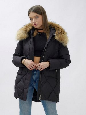 Куртка женская зимняя с мехом енот премиум класса черного цвета 3141Ch