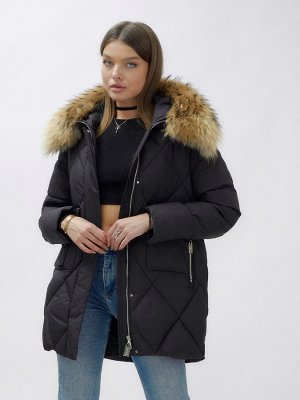 Куртка женская зимняя с мехом енот премиум класса черного цвета 3141Ch