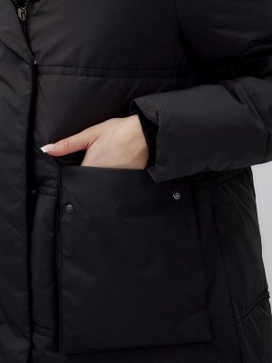 Пальто утепленное стеганное зимнее с капюшоном женское черного цвета 9602Ch