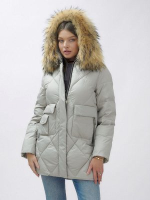Куртка женская зимняя с мехом енот премиум класса серого цвета 3141Sr