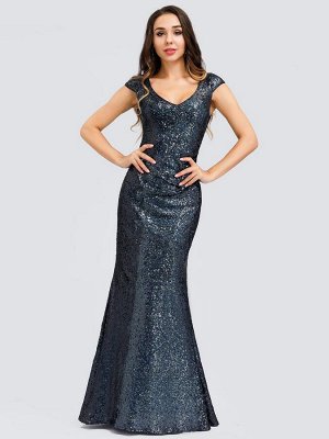 Вечернее длинное темно-синее платье-русалка  с блестками и V-образным вырезом