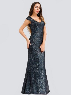 Вечернее длинное темно-синее платье-русалка  с блестками и V-образным вырезом