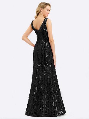 Черное вечернее длинное платье с блестками и двойным V-образным вырезом без рукавов