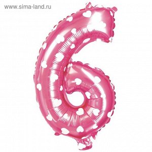 Шар фольгированный 32", цифра 6, сердца, индивидуальная упаковка, цвет розовый