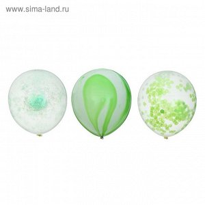 Набор шаров латексных 12" "Зеленая свежесть"прозрачные, с конфетти, блестки, лента, 3 шт