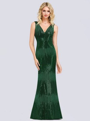 Блестящее зеленое вечернее длинное платье с V-образным вырезом  без рукавов