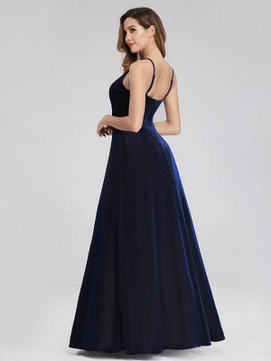 Вечернее длинное синее платье с V-образным вырезом  на тонких бретельках из блестящей ткани