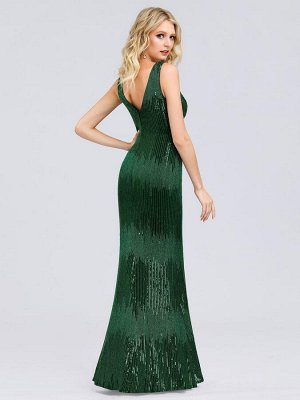 Блестящее зеленое вечернее длинное платье с V-образным вырезом  без рукавов