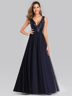 Вечернее длинное синее платье с блестками и V-образным вырезом