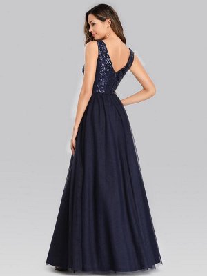 Вечернее длинное синее платье с блестками и V-образным вырезом
