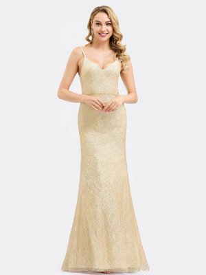 Роскошное блестящее золотое платье с  V-образным вырезом  на бретельках