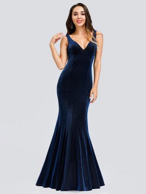 Вечернее длинное синее платье-русалка с V-образным вырезом из бархата