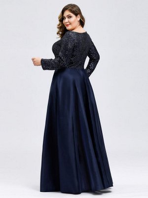 Вечернее длинное темно-синее платье с блестками и V-образным вырезом