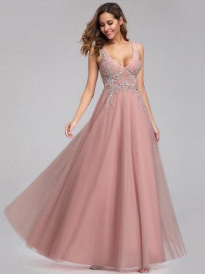 Вечернее длинное розовое платье с бисером и блестками с V-образным вырезом