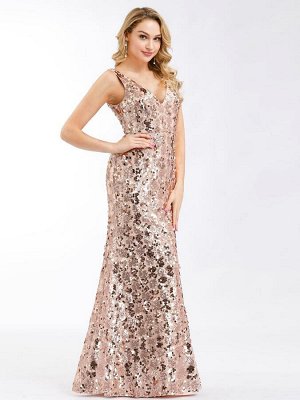 Вечернее длинное платье с блестками и двойным V-образным вырезом без рукавов цвета розового золота 