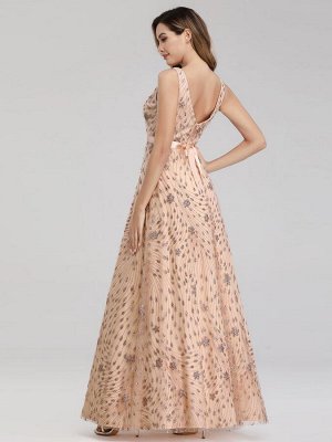 Вечернее длинное блестящее розовое платье с  двойным V-образным вырезом