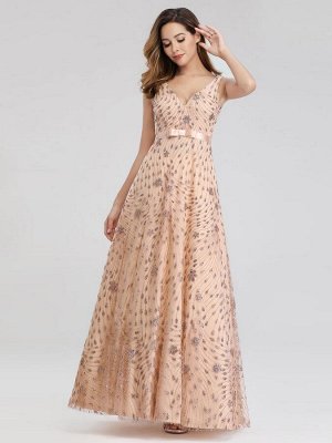 Вечернее длинное блестящее розовое платье с  двойным V-образным вырезом
