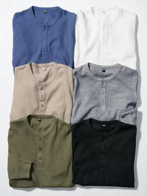 UNIQLO - вафельная кофта унисекс с пуговицами на вырезе -  07 GRAY