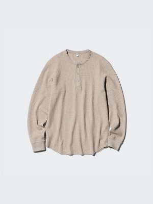 UNIQLO - вафельная кофта унисекс с пуговицами на вырезе - 32 BEIGE