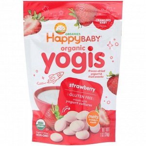 Happy Family Organics, Yogis, органические снеки из сублимированного йогурта с фруктами, клубника, 28 г