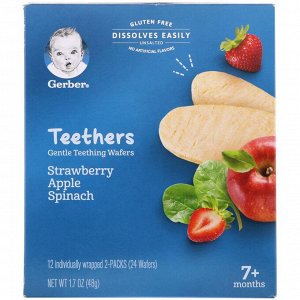 Gerber, Teethers, Gentle Teething Wafers, 7+ Months, Strawberry Apple Spinach, 24 Wafers, 1.7 oz (48 g)