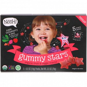 NosH!, Toddler Gummy Stars, органические фруктовые вегетарианские закуски, яблоко, клубника и свекла, 5 упаковок, по 0,5 унции (