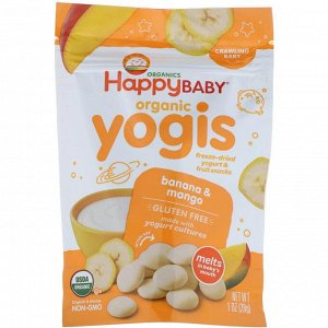 Happy Family Organics, Yogis, органические снеки из сублимированного йогурта с фруктами, банан и манго, 28 г