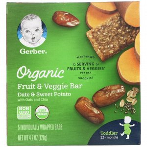 Gerber, Organic Fruit & Veggie Bar, 12+ months, Date & Sweet Potato, 5 Individually Wrapped Bars, 4.2 oz (120 g)