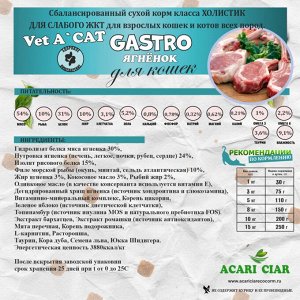 Vet A’CAT Gastro Lamb с ягненком для взрослых котов и кошек всех пород при проблемах с ЖКТ, 4 кг