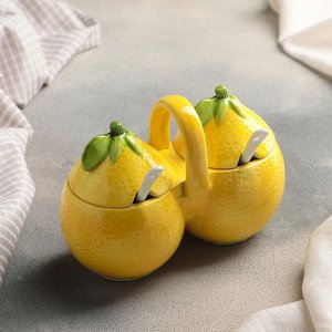 СИМА-ЛЕНД Банка керамическая для сыпучих продуктов «Лимон», 200 мл, 2 секции, 2 ложки, цвет жёлтый