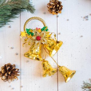 Украшение новогоднее "Колокольчики на кольце с цветком" 9х22 см, золото