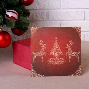 Коробка подарочная "Merry Christmas, c оленями", бордовая, 20-20-10 см