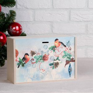 Коробка подарочная "Новогодняя, со снегирями", натуральная, 20-30-12 см