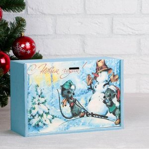 Коробка подарочная "С Новым Годом, со снеговиком", голубая, 20-30-12 см