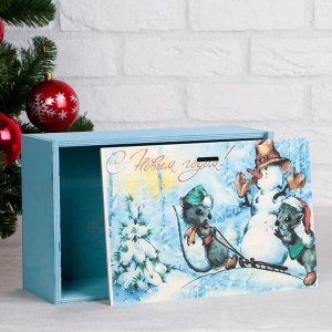 Коробка подарочная "С Новым Годом, со снеговиком", голубая, 20-30-12 см