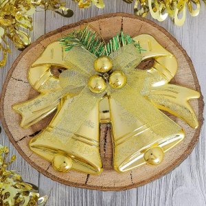 Украшение новогоднее "Два колокольчика с бантиком и бусинами" 19х13 см, золото