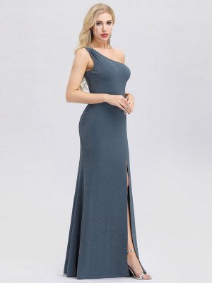 Шикарное длинное синее платье на одно плечо с разрезом