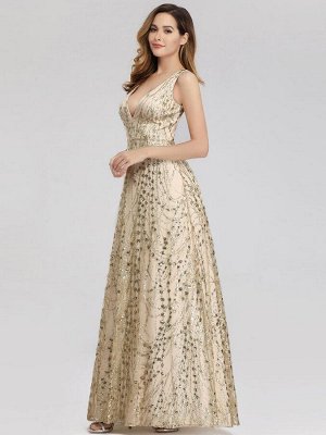Вечернее длинное блестящее платье с глубоким V-образным вырезом