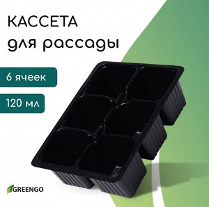 Кассета для рассады, 6 ячеек по 120 мл, пластик, чёрная, 18x13x6 см, набор 10 шт., Greengo