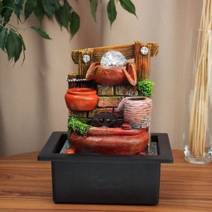 Фонтан настольный «Бочки у каменной стены с забором», 28x23 см, с подсветкой