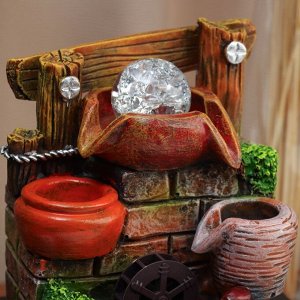 Фонтан настольный «Бочки у каменной стены с забором», 28x23 см, с подсветкой