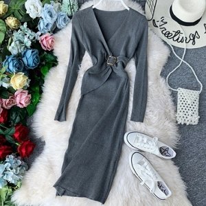 Платье с V-образным вырезом,серый