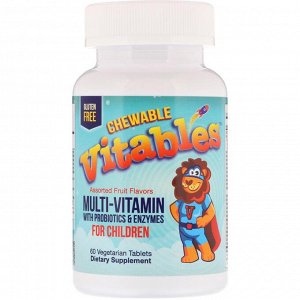 Vitables, жевательные мультивитамины с пробиотиками и ферментами для детей, с различными фруктовыми вкусами,