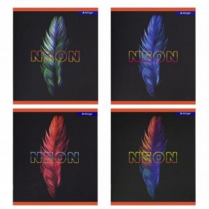 Тетрадь 48л., А5, клетка, Alingar "Пёрышко(NEON)", скрепка, мелованный картон (стандарт),  soft touch, блок офсет, 4 дизайна в пленке т/у