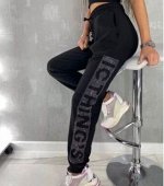 Брюки спортивные со стразами, утепленные флисом, черные
